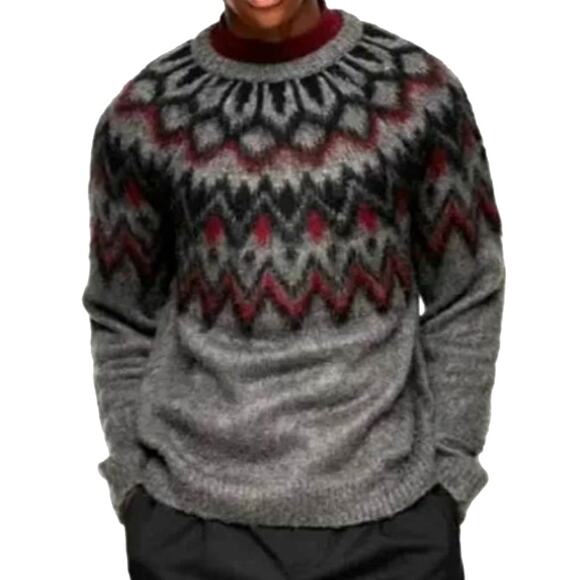 TOPMAN Nordic Crewneck Sweater Fuzzy Gray Red Men's Size Medium - Picture 1 of 6